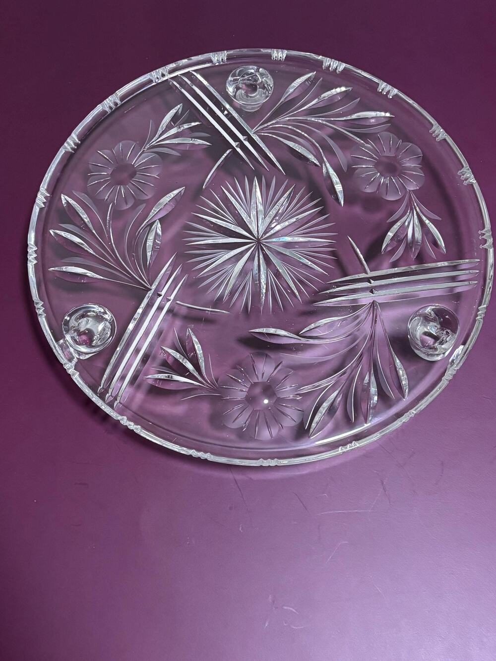 Vintage Lead Cut Crystal Etched Pedestal Cake Plate 11.5" Heavy On 3 Scroll Feet